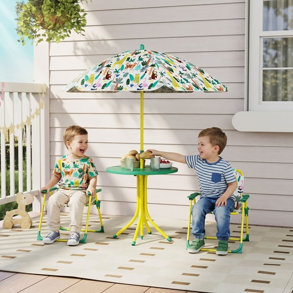 Qaba Kids Picnic Table with 2 Folding Chairs and Umbrella, Jungle Theme Portable Children Outdoor Furniture for Backyard, Garden, Patio, Green