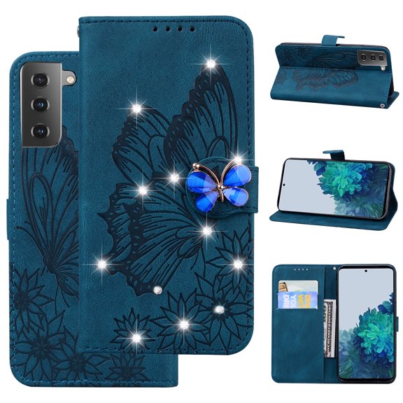 Wallet Case for Galaxy S23 Plus 6.6" 2023, Luxury Embossed Butterfly & Glitter Bling Diiamond PU Leather Card Slot Bracket Full Body Protective Girly Shell, Blue