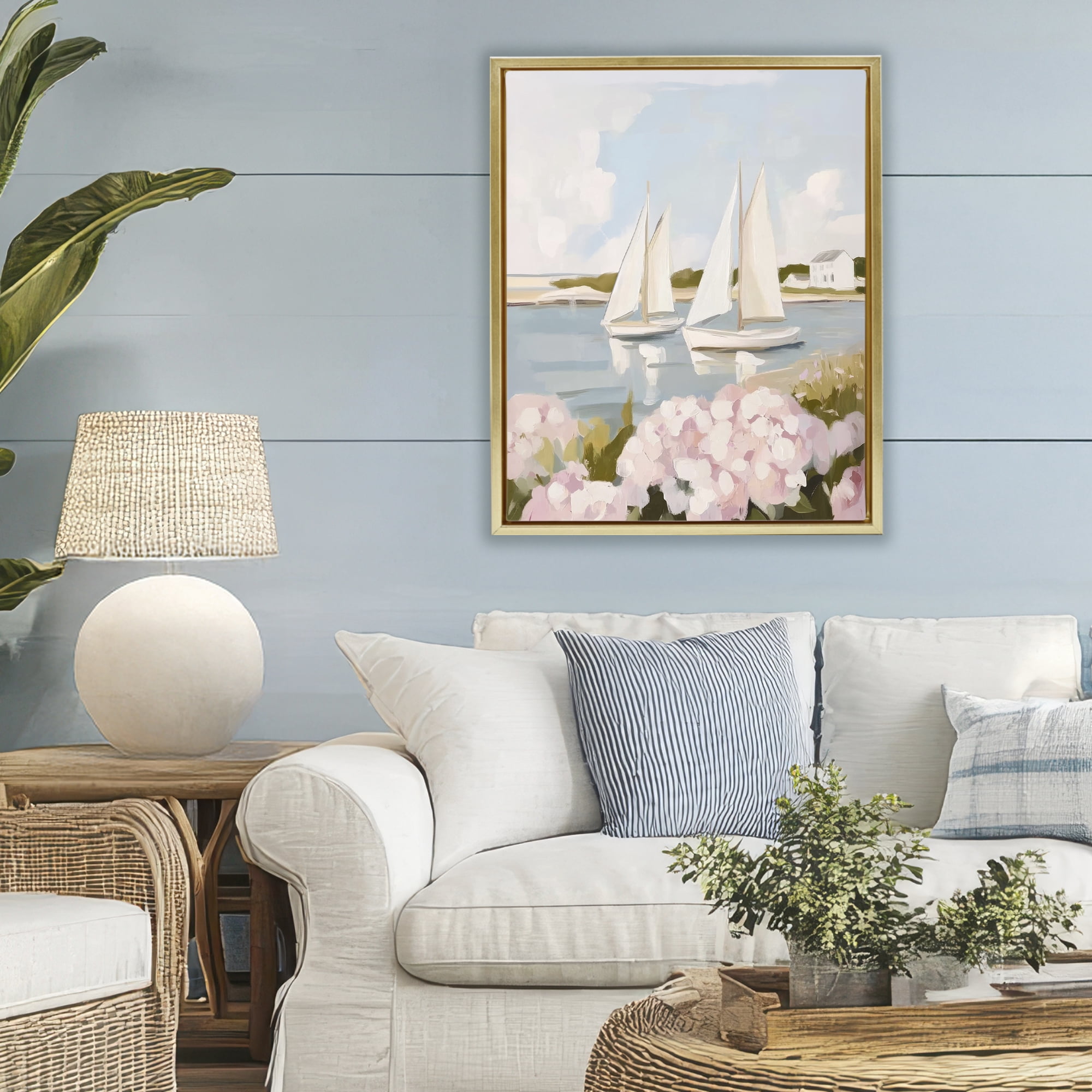 Stupell Industries Sailboat Duo with Pink Hydrangeas Gold Framed Floater Canvas Wall Art, design by Sisi and Seb