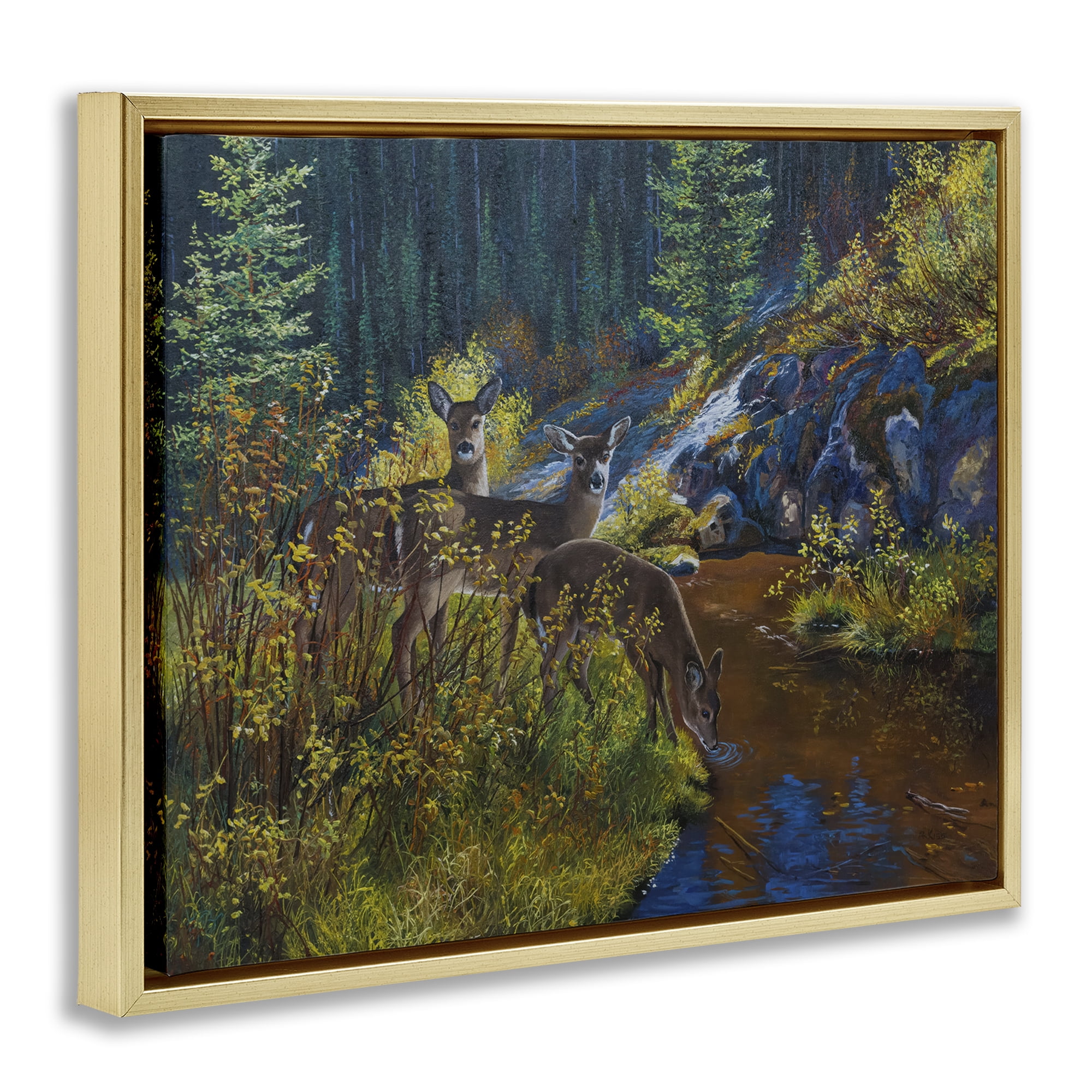 Stupell Industries Deer Drinking from River Landscape & Nature Painting Gold Floater Framed Canvas Art Print Wall Art, 31 x 25