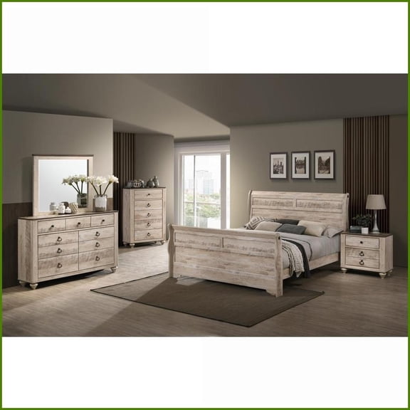 Bedroom Set, 5-Piece King Sleigh Bed with Dresser, Mirror, Nightstand & Chest, White Wash | Wood | Sleigh Beds