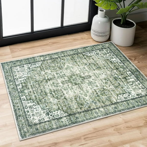 2x3 Sage Green Washable Rug for Entryway, Soft Traditional Printed Area Rug, Non-Slip Kitchen Rugs, Low-Pile Medallion Indoor Door Mat, Farmhouse Carpet for Entrance Kitchen Foyer