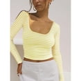 thumbnail image 4 of Women's Y2K Cropped Slim Fit U-Neck Long Sleeve Knit T-Shirt, Two Tone Striped Design Stretchy Comfortable Top for Casual Wear, Daily Outfits and Retro Fashion Style Yellow XL, 4 of 6