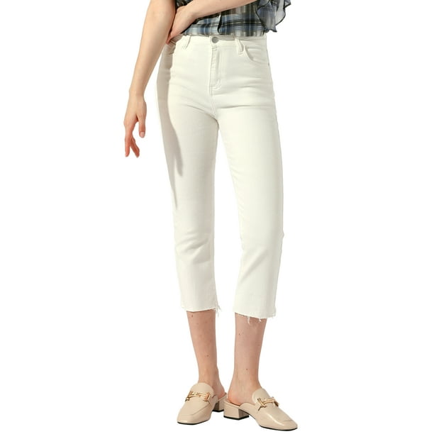 INSPIRE CHIC Pantalones de mezclilla ajustados de tiro alto para mujer con bolsillos L blancos