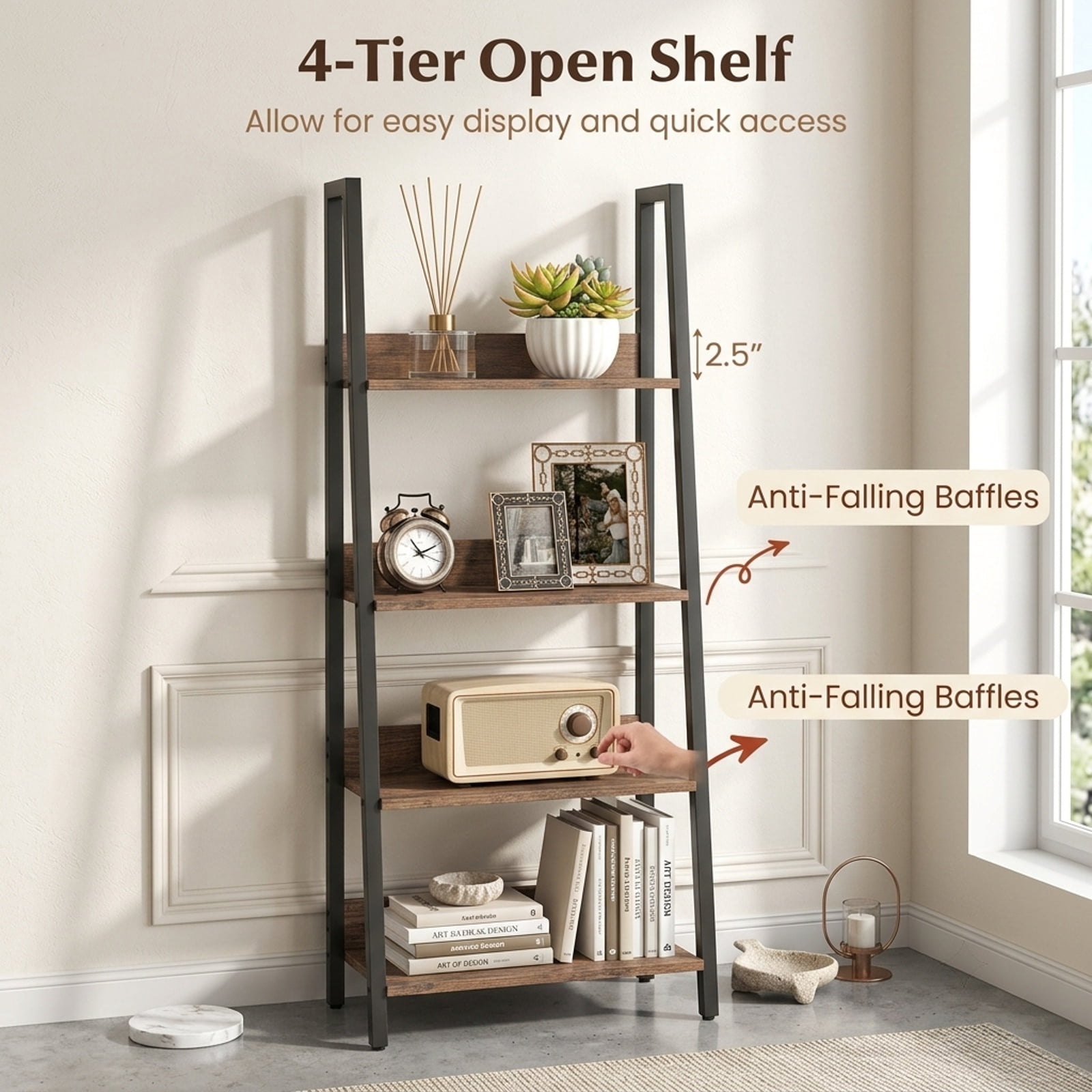 Furnibear 5-Tier Ladder Bookshelf with Fabric Drawer for Living Room and Home Office for Living Room Home Office Bedroom Display, Rustic Brown