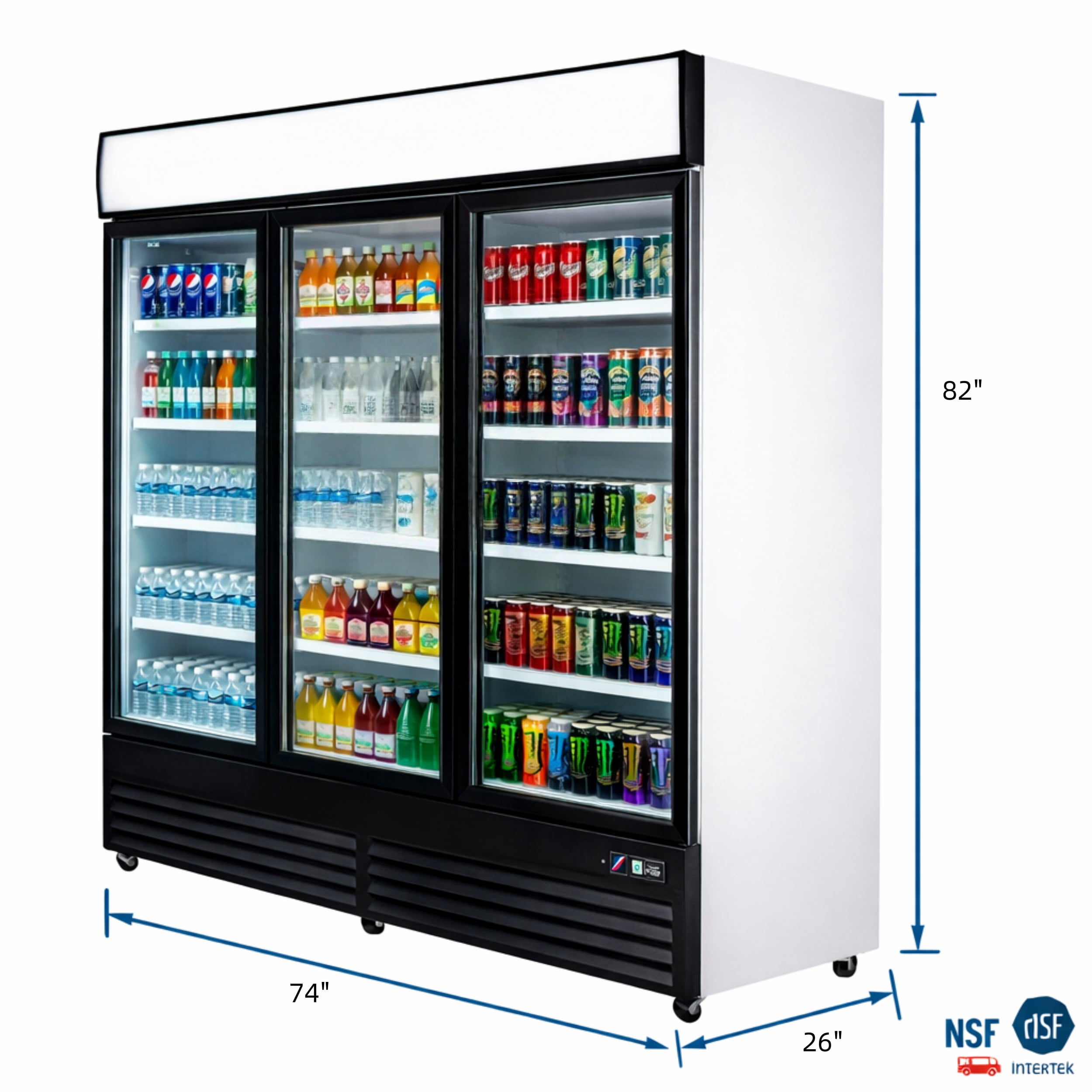 Commercial Merchandiser Refrigerator, 3 Glass Door, Beverage Cooler, 74" x 26" x 82", 62.5 Cu. Ft., NSF Certified