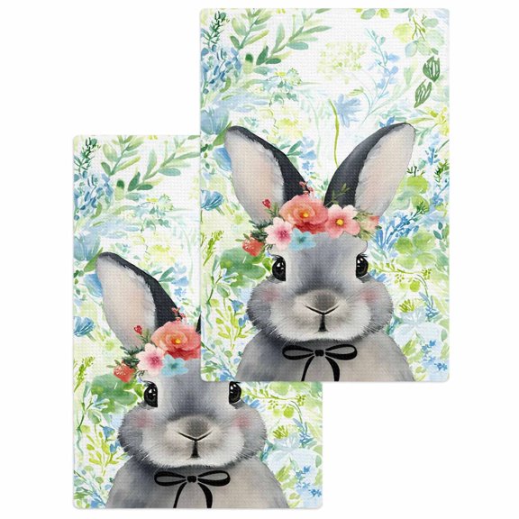 Easter Bunny Kitchen Dish Towels for Drying Dishes Set of 2, Spring Flowers Green Leaves Pastoral Plants Waffle Weave Microfiber Hand Tea Bathroom Towels Quick Dry & Absorbent Towel 15.7x23.6