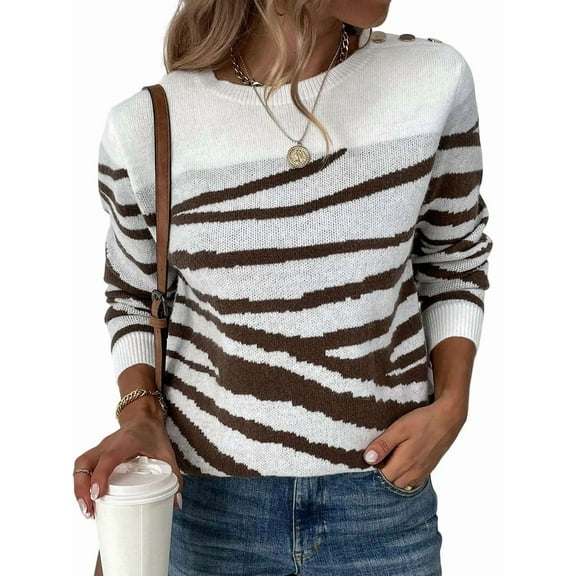 Women'S Casual Round Neck Long Sleeve Pullover Sweater Fall Winter Contrast Striped Shoulder Button Knit White S