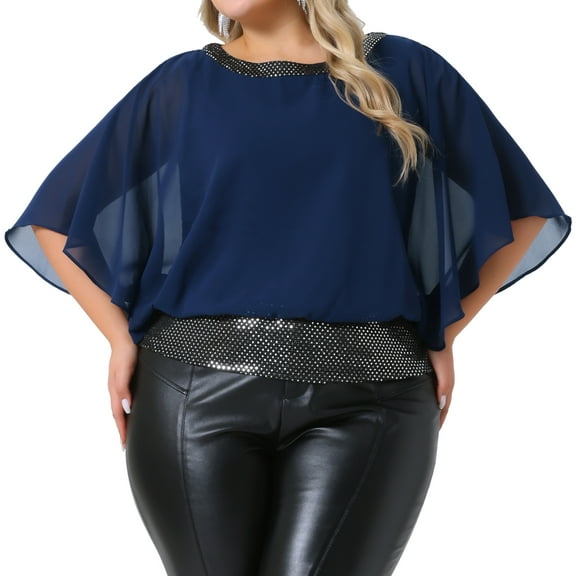 DARING DIVA Women's Plus Sequin Half Batwing Sleeve Glitter Party Blouse 1X Navy Blue