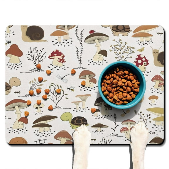 Trippy Mushroom Dog Feeding Mat - Neon Absorbent Pet Food Mat - Non-Slip Waterproof Base - Whimsical Design - Easy Clean Spill Catcher for Floors 16"X24"
