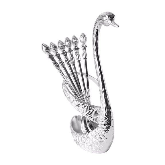 Stainless Steel Coffee Spoon & Fork Set with Swan-Shaped Holder, Elegant Bar Dessert Utensils for Home or Cafe, 6-Piece Tableware Gift Set with Unique Design, Durable Alloy Flatware for Serving