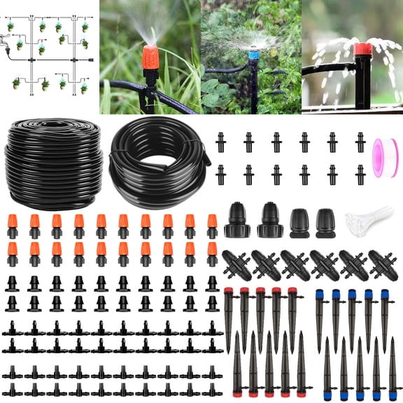 IRmm 240FT Drip Irrigation System Kit, Automatic Garden Watering Misting System for Greenhouse, Yard, Lawn, Plant with 1/2 inch Hose 1/4 inch Distribution Tubing and Accessories