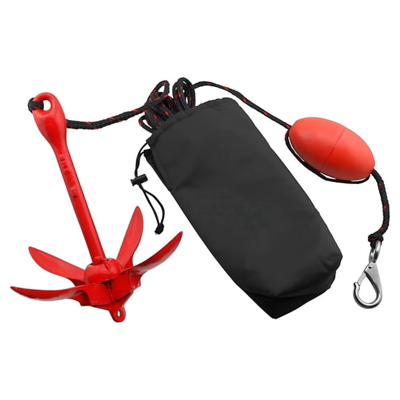 ISURE MARINE 1.5KG 3Lbs Red Carbon Steel Folding Anchor Kit Portable Grapnel Buoy Kit for Canoe Fishing Boat Dinghy Raft