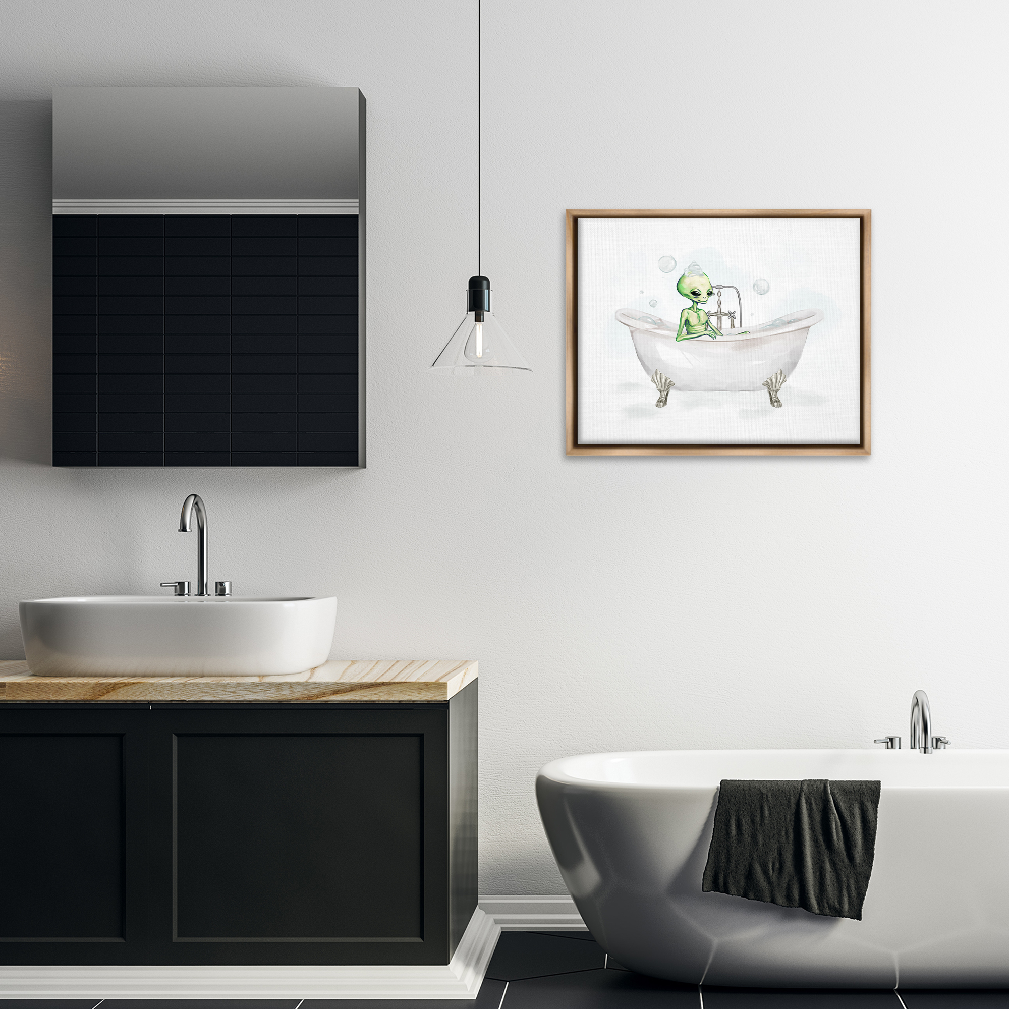 Stupell Industries Alien Bubble Bath Typography Painting Brown Floater Framed Canvas Art Print Wall Art, 31 x 25