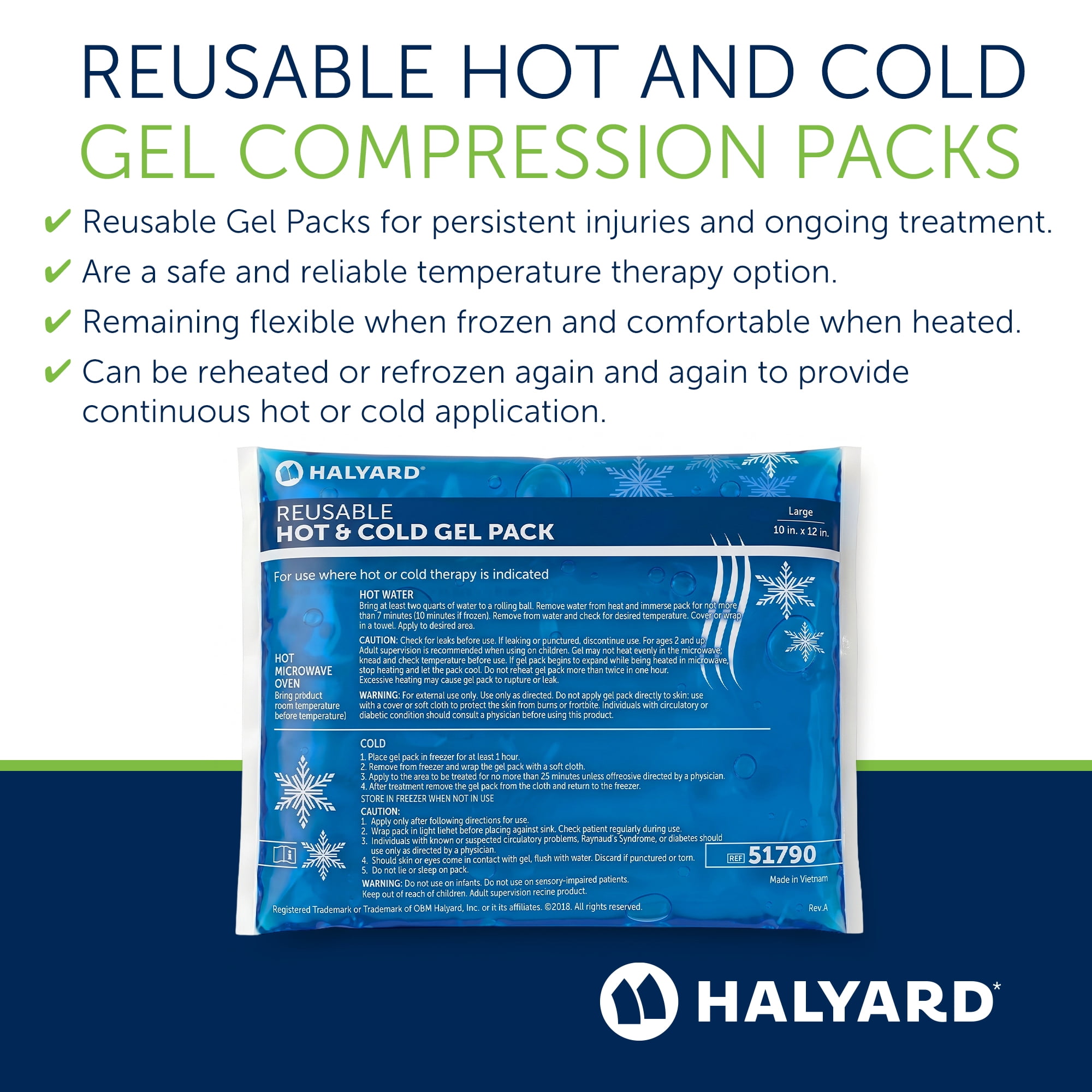 HALYARD Reusable Hot and Cold Gel Compression Packs for Injuries Pain Relief Swelling 10 x 12 Inches, Case of 12 - 51790