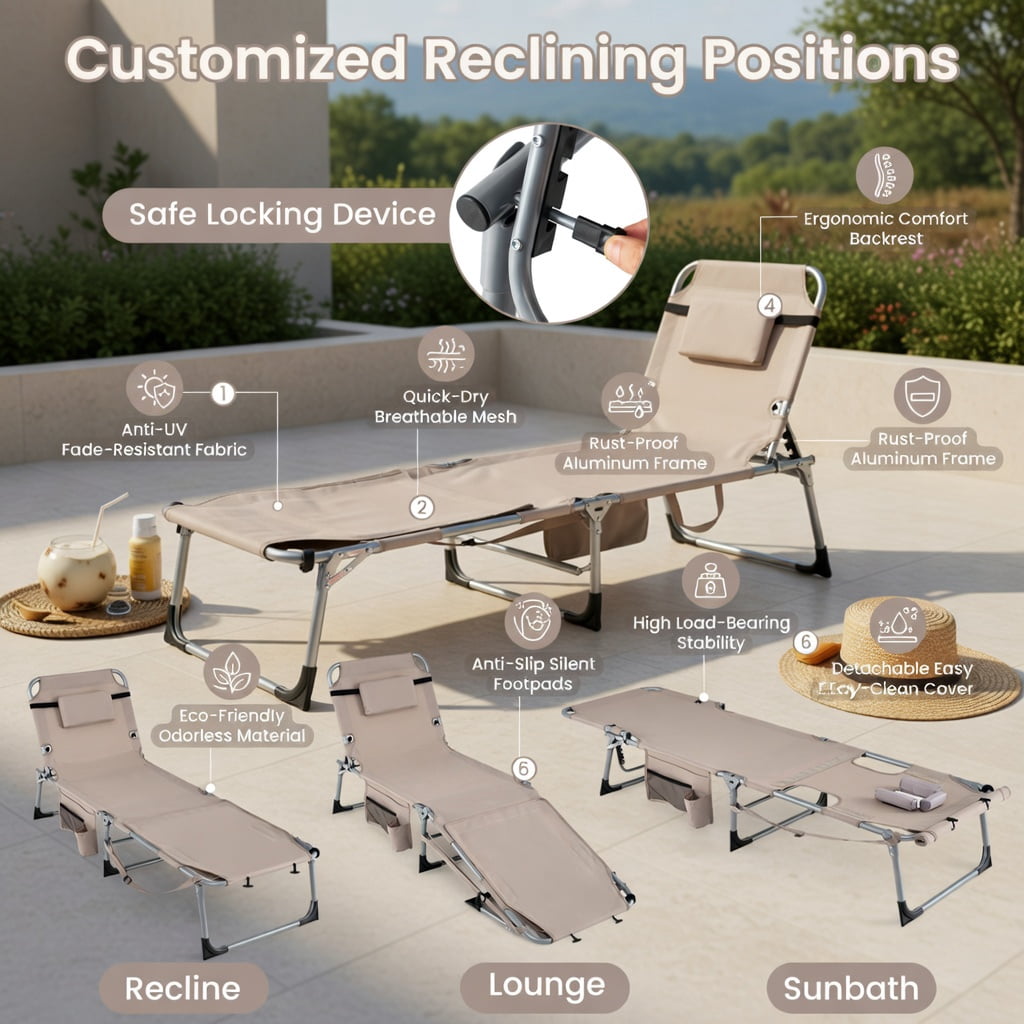 Hommoo 5-Position Adjustable Outdoor Folding Chaise Lounge Chair with Removable Pillow, Blue