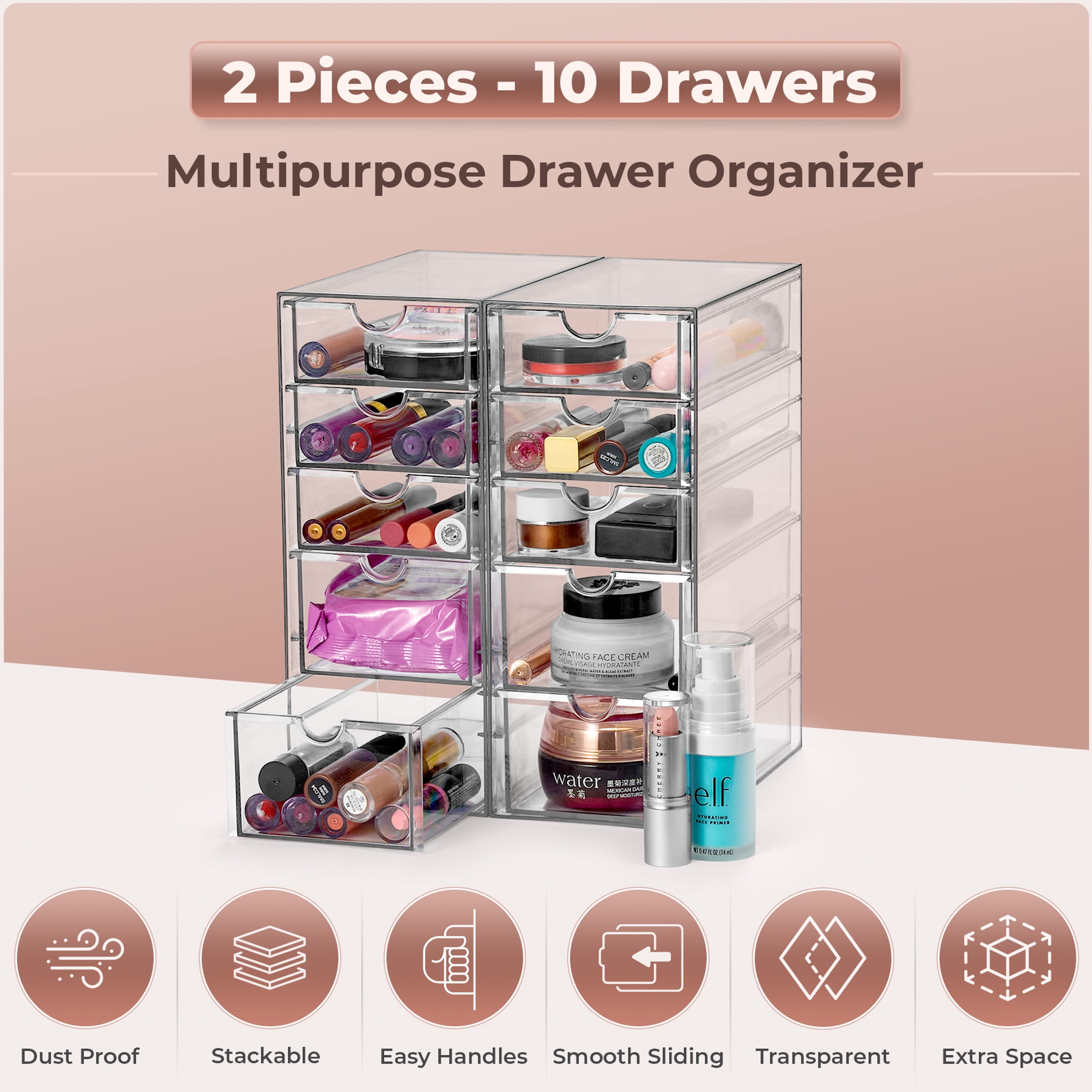 Sorbus 2-Piece Acrylic Makeup Organizer, 10 Drawer Stackable Storage Bins, Clear