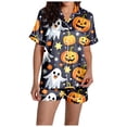 thumbnail image 2 of Hpapadks Halloween Women's Pajamas Satin Button Down 2 Piece Silk Sleepwear Shorts Ruffle Notch Collar Womens Pjs White, 2 of 7