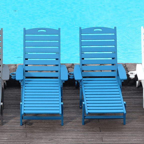 YIYADO HDPE Outdoor Chaise Lounge Chair, 4-Position Adjustable Backrest, Pool Recliner with Wheels & Cup Holder, 360 LBS Weight Capacity, Blue for Patio Poolside Deck Beach Backyard