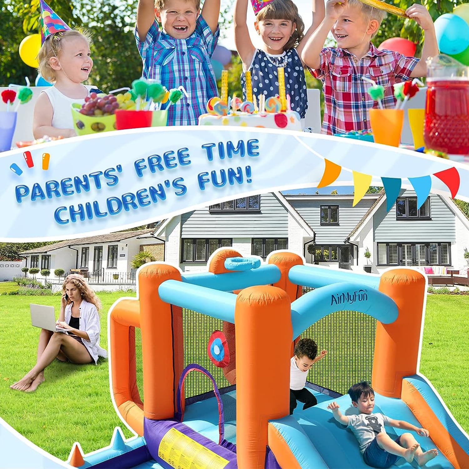 CIPACHO Inflatable Jumping Castle with Slide, Kids Bounce House Inflatable Slides Bounce House for Outdoor, Include Air Blower, Basketball Hoop, Football Playing
