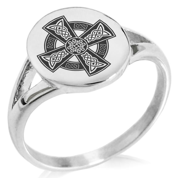 Stainless Steel Celtic Cross Rune Knot Minimalist Oval Top Polished Statement Signet Ring