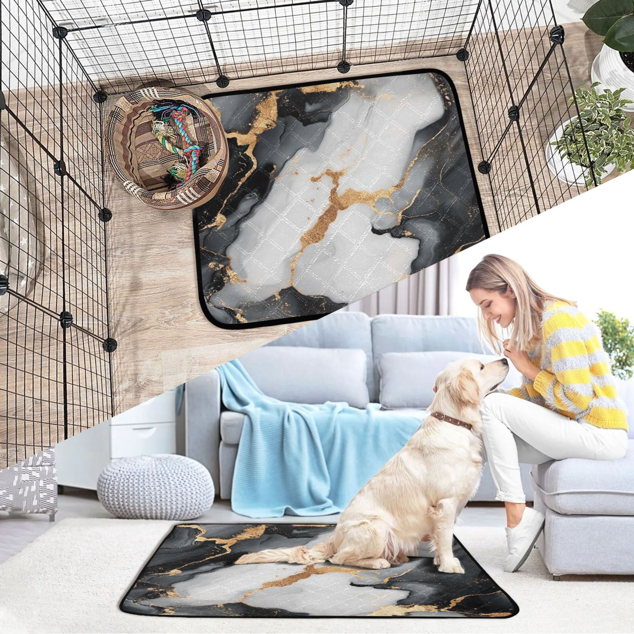Qxltty Gilt Black Marble Cat litter Pads Pet Set of 3 Diaper Mats Center Anti-leakage Layer Absorbent Soft and Comfortable