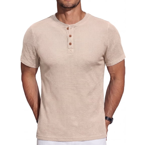 GIRUNS Men's Short Sleeve Waffle Henley T-Shirt Summer Casual Tee For Men