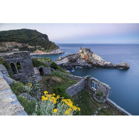 Old World Italian - Flowers and blue sea frame the old castle and church at dawn, UNESCO World Heritage Site, Italy Print Wall Art By Roberto Moiola