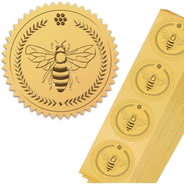 Sellos de certificado de lámina dorada, 2 pegatinas de abeja doradas para sobres, 100 pegatinas autoadhesivas en relieve.