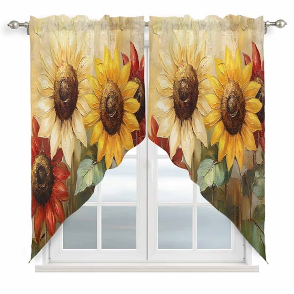 Summer Sunflowers Kitchen Window Curtains, Swag Curtains Valance for Bedroom Living Room Bathroom, Vintage Oil Painting Red Yellow Floral Rod Pocket Window Curtain Block Drapes 2 Panels 36"x63"