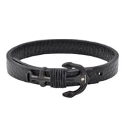 Arista Men's Anchor Bracelet with Adjustable Strap in Black Leather Black Plated Stainless Steel, 8.5"