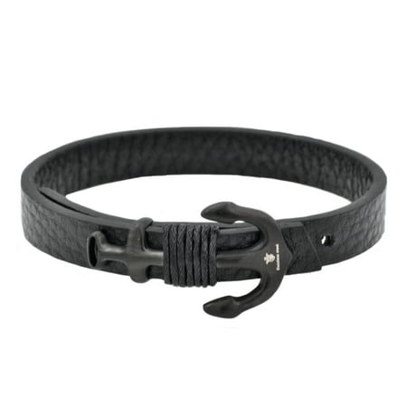 Arista Men's Anchor Bracelet with Adjustable Strap in Black Leather Black Plated Stainless Steel, 8.5"
