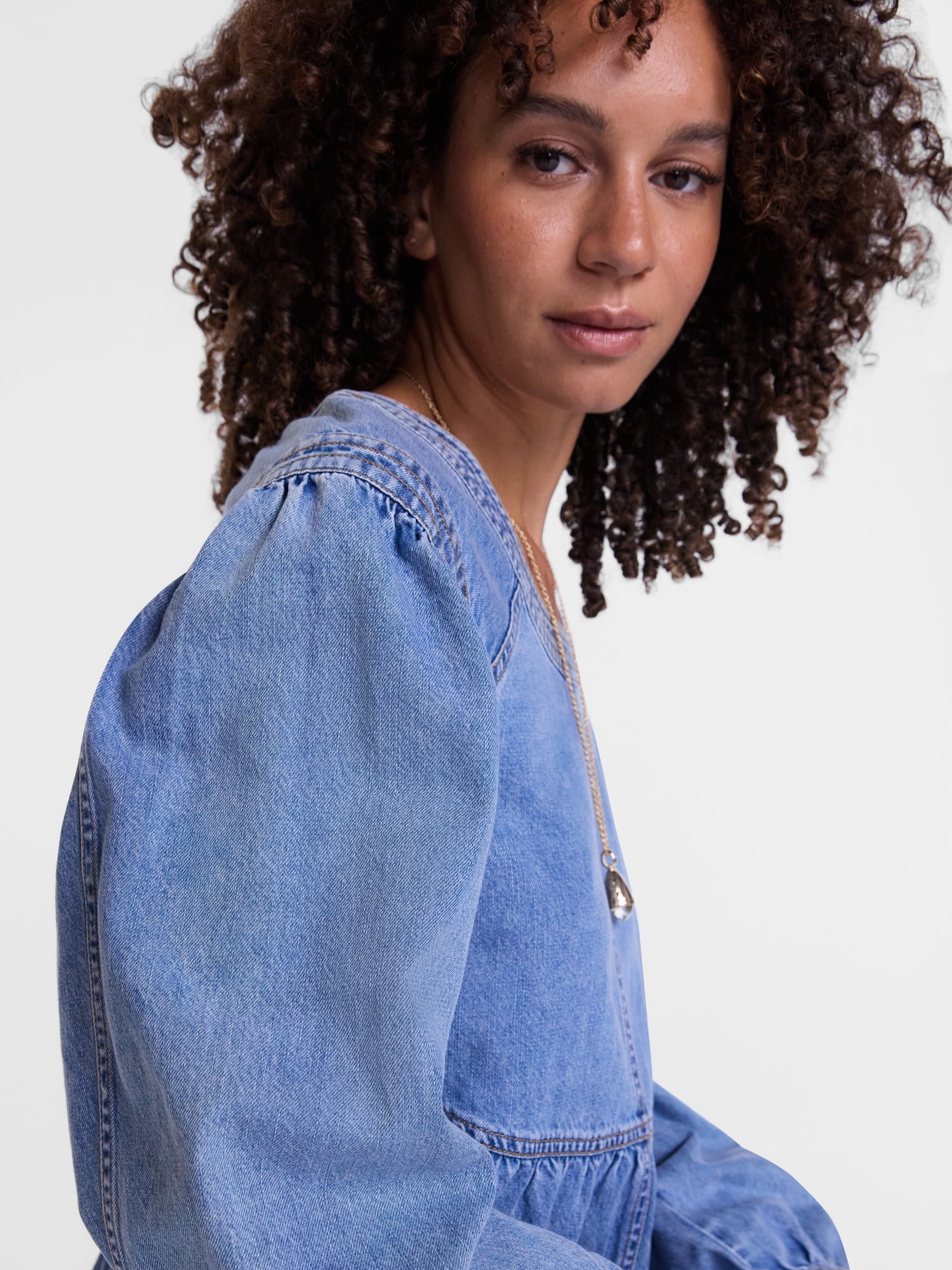 Scenario Women's Denim Empire Mini Dress with Long Sleeves, Sizes XS-XXXL