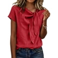 thumbnail image 5 of FchengtaiS Women's Short Sleeve Business Casual Shirts Elegant Knot Neckline Tops Summer Cotton Linen Blouse, 5 of 7