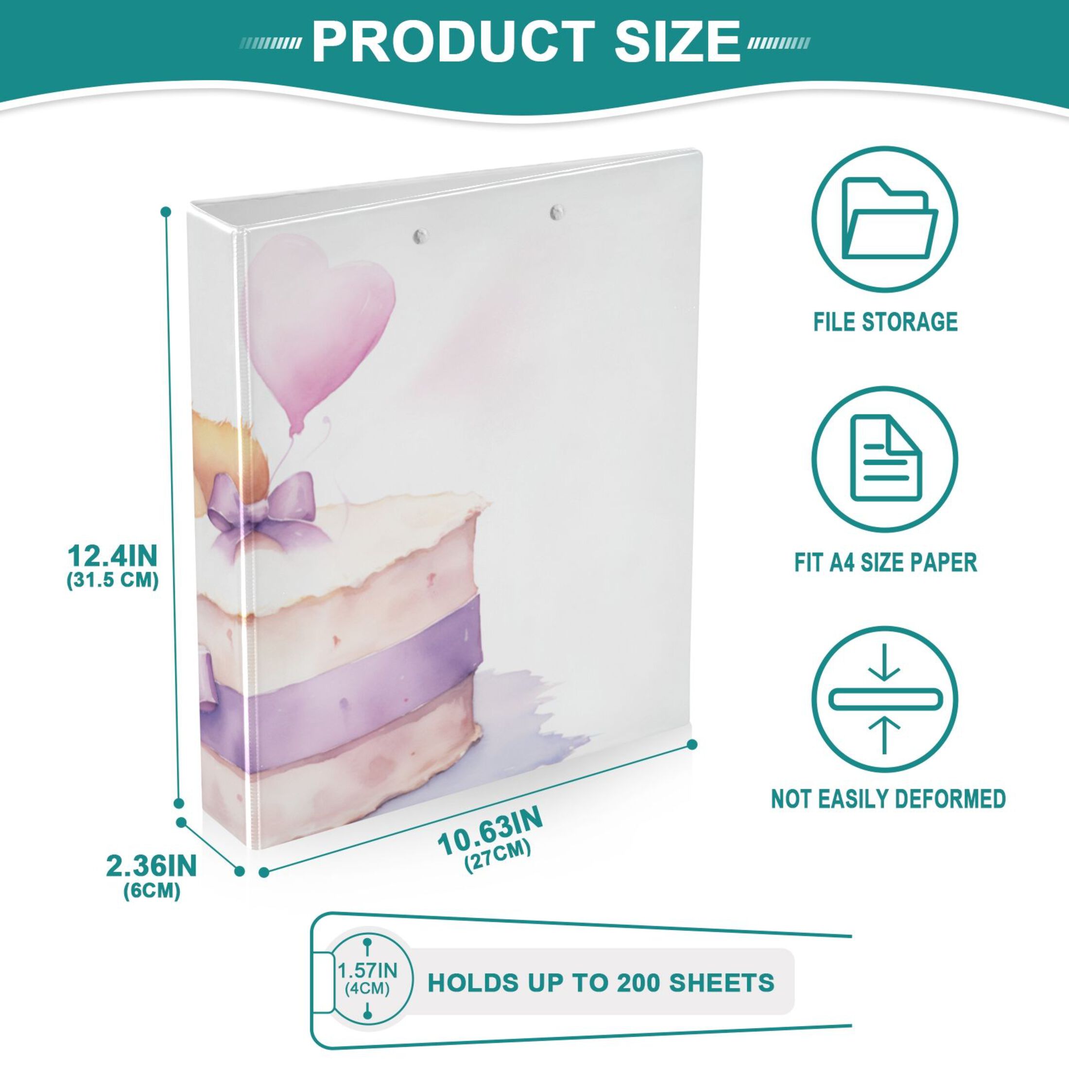 Bear Cake Balloon Bow 3 Ring Binders 1.5 inch Hardcover File Folders with Interior Pockets A4 Size Organizer for School Office Hospital