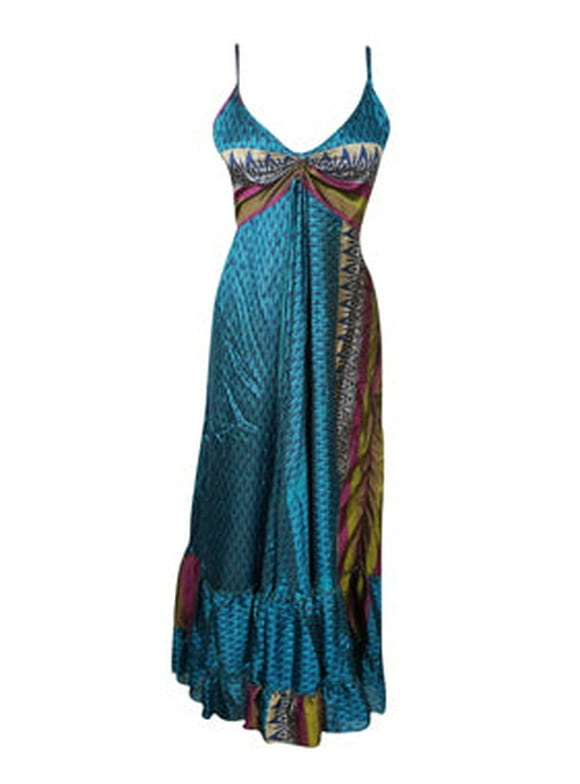 Mogul Blue Boho Strapdress Silk Maxi Dresses S/M/L