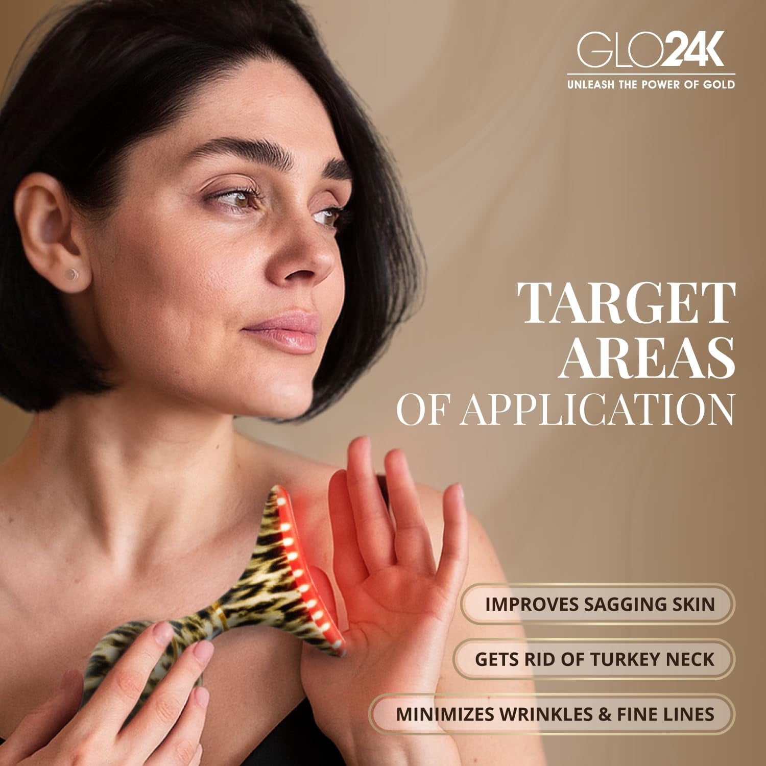 GLO24K Red Light for Face and Neck Beauty Device – Triple LED Action & Vibration Technology Facial Massager and Neck Comfort Device for Women