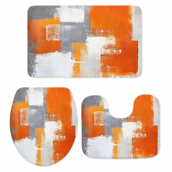 Burnt Orange Grey Bath Mat 3 Piece Bathroom Rug Set, Modern Oil Painted Geometric Abstract Non Slip Bath Rug Contour Mat and Toilet Lid Cover, Absorbent Shower Mats Soft Bath Rugs and Mats Sets
