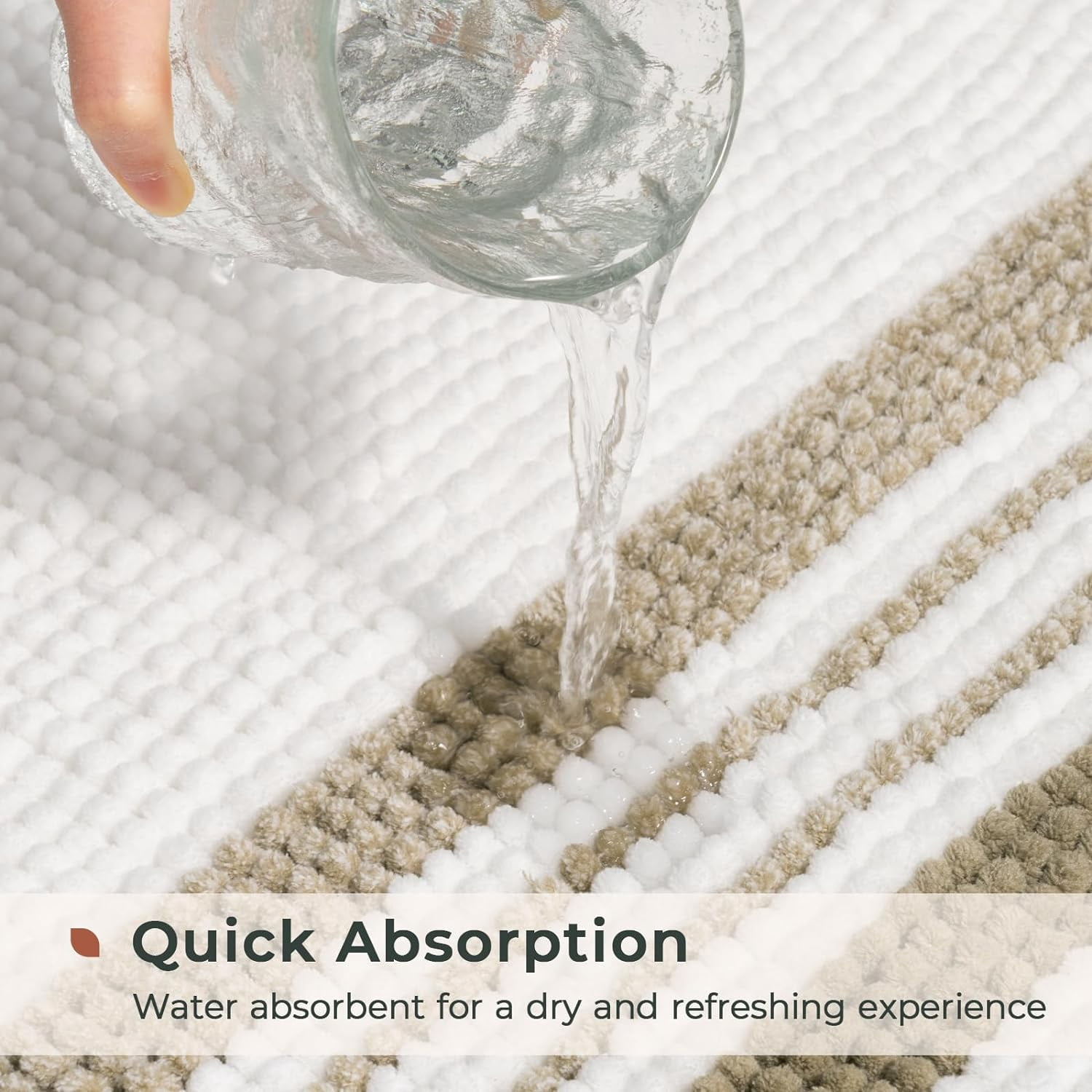 Stripe Chenille Bathroom Rugs Sets 2 Piece 17"x24"+20"x32", Soft Bath Mats for Bathroom Floor Non-Slip, Boho Washable Bath Rugs Set, Water Absorbent Shower Mat, Beige and White
