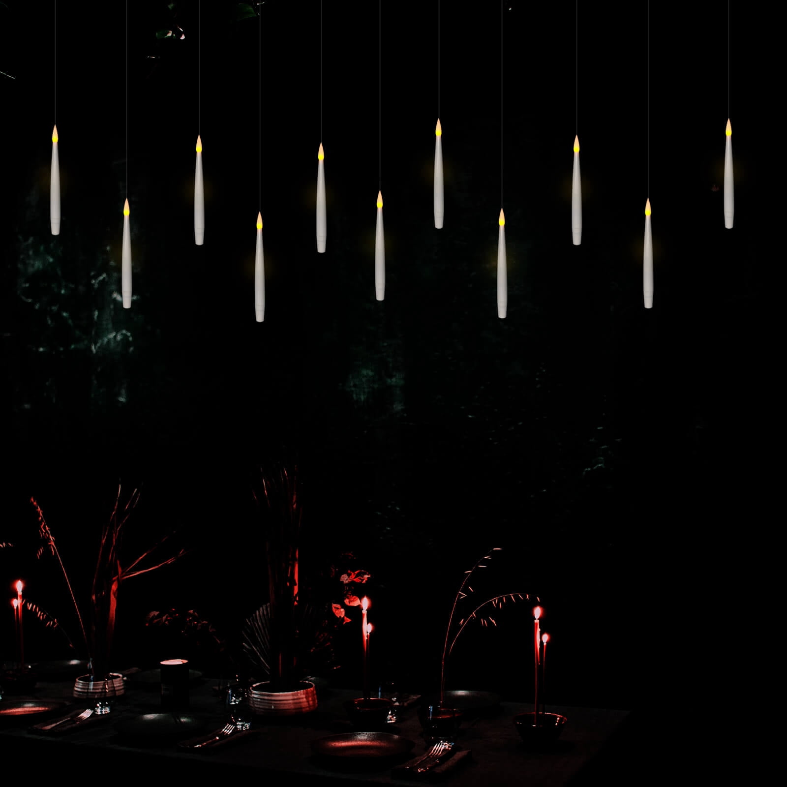 Leejec 6.1" 20pcs Floating Flameless Candles with Wand Remote and Timer, Hanging White LED Taper Candles in Flickering Warm Light, Battery Operated, Halloween Christmas Theme Party Window Décor