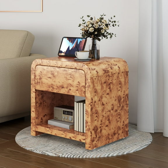 DEXTRUS End Table with Drawer & Power Outlets, Sofa Side Table with Storage Compartment, Burl