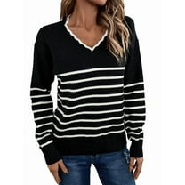 Women Knit Sweater Casual V Neck Striped Print Loose Pullover Long Sleeve Sweater Tops Black XL