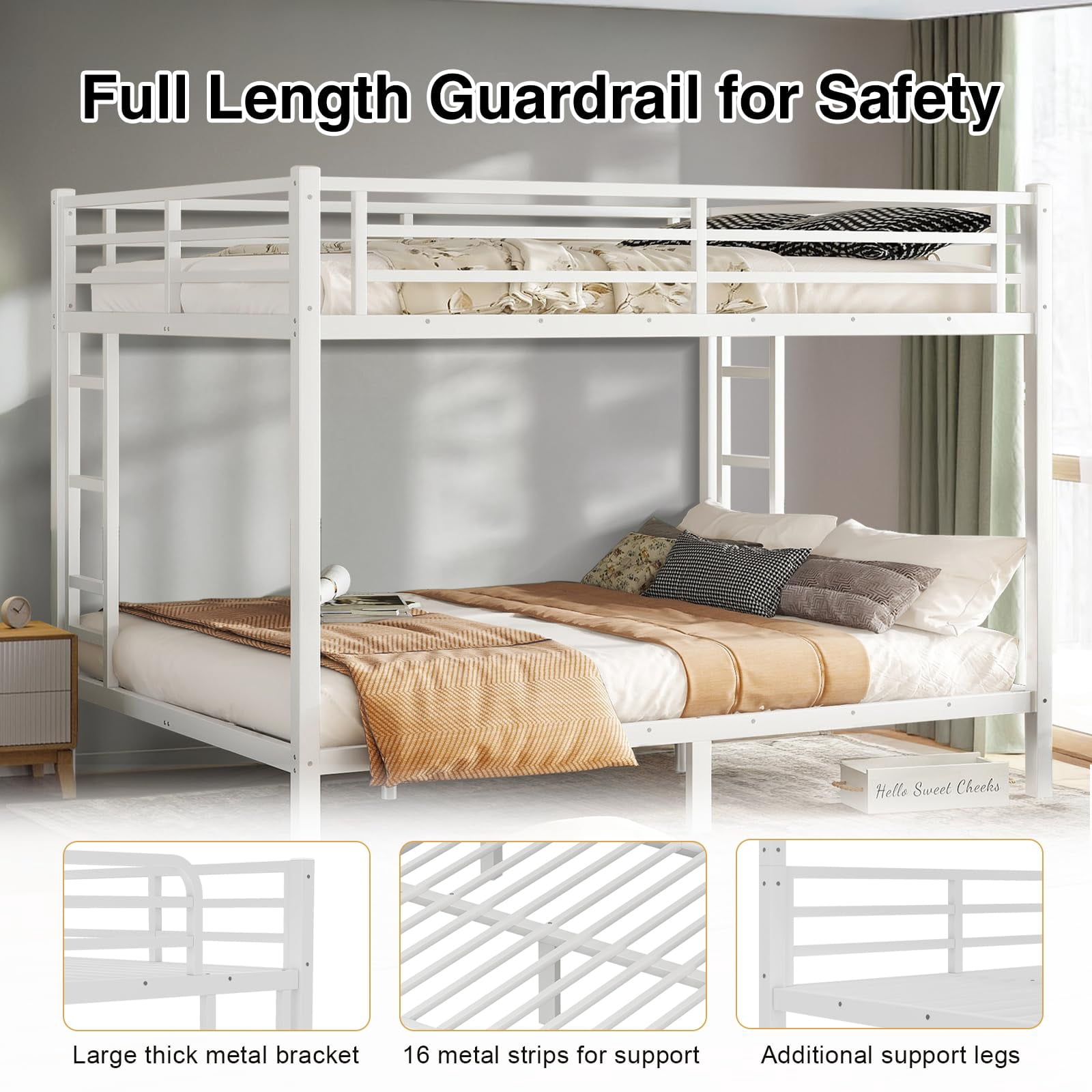 Miniyam Queen over Queen Metal Bunk Bed with Guardrail & Dual Ladders,Black