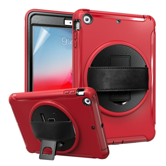 Dteck iPad mini 1 2 3 Kids Case, Heavy Duty 360 Rotating Kickstand Rugged Hybrid Shockproof Cover with Hand Strap For iPad mini 1 2 3 7.9 inch, Red