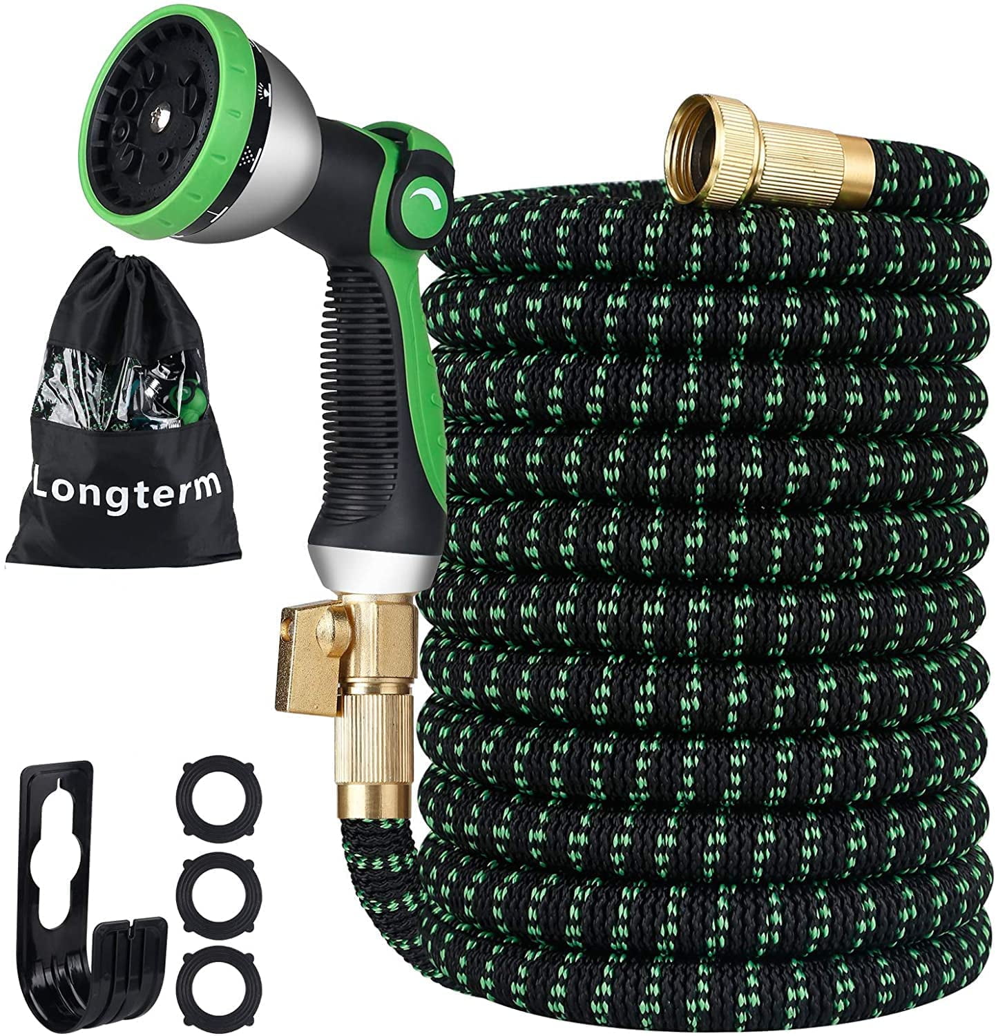 Storage Bag Holder 100ft Water Hose 3750D 4-Layer Latex Core with 3/4 Solid Brass Fittings Expandable Garden Hose with 10 Function Nozzle 