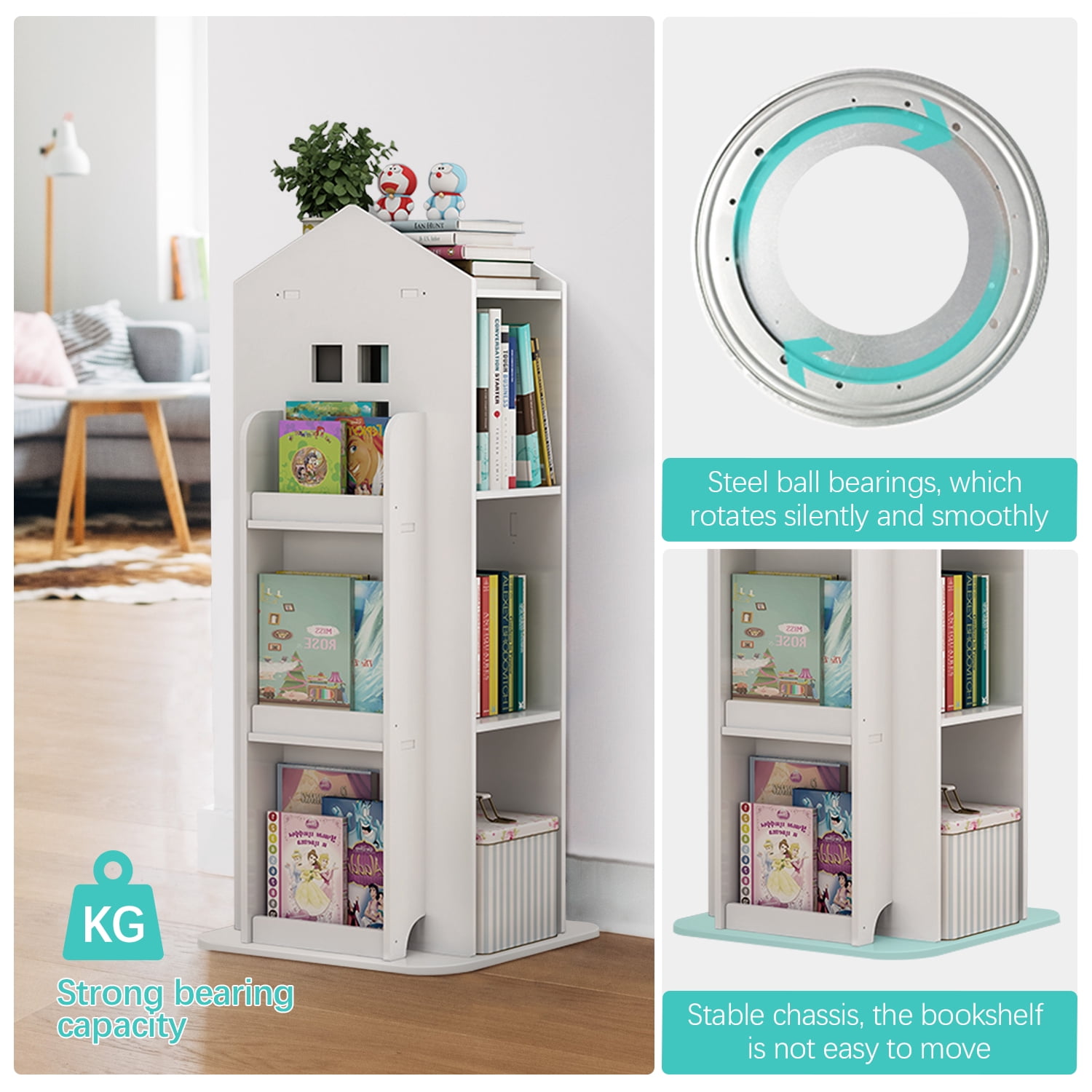 IAJXWI 3 Tier Rotating Bookshelf, 360° Floor-Standing Revolving Bookcase, House Shape Multi-Functional Reading Corner for Bedroom Study Living Room