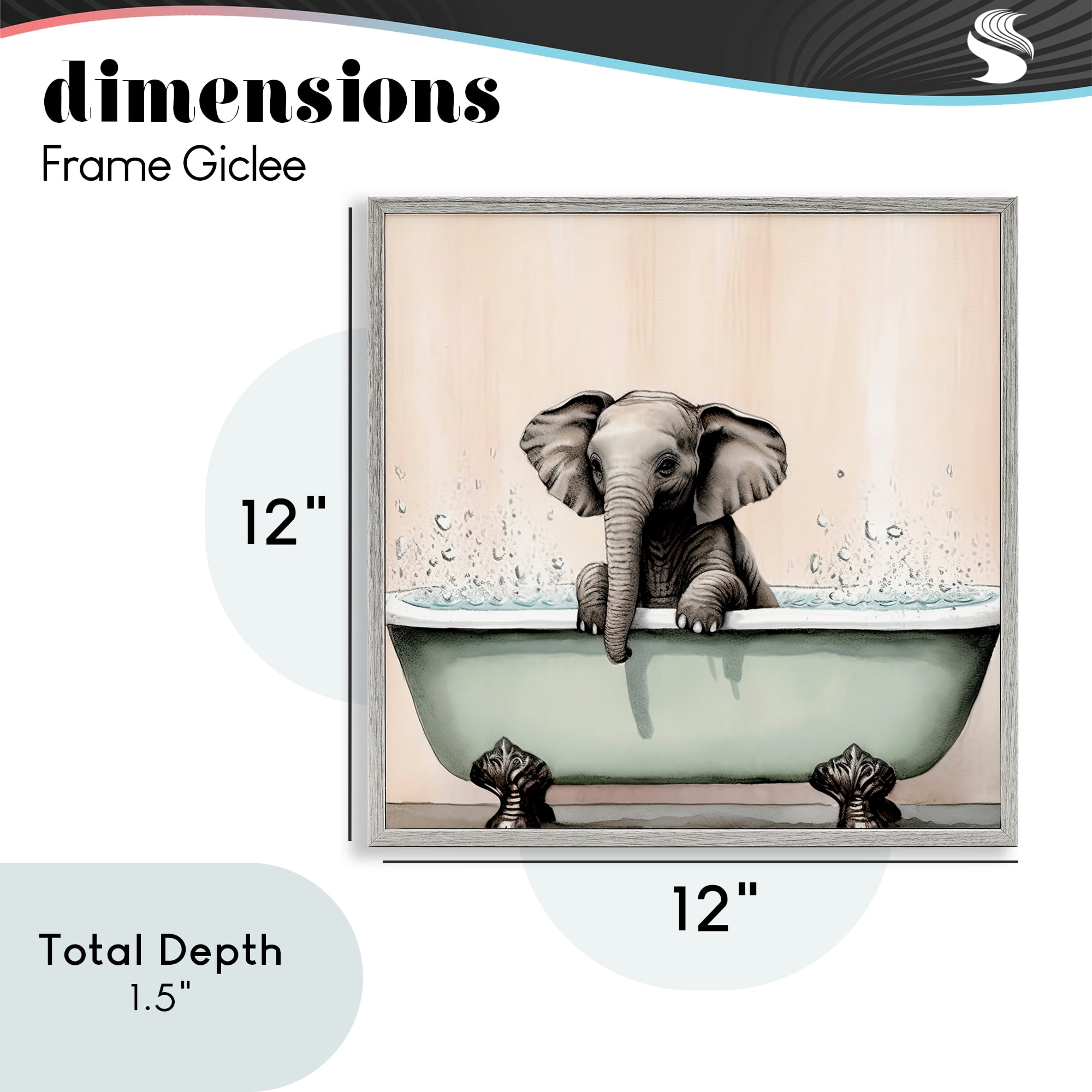 Baby Elephant Bathtime Gray Framed Giclee Art, design by Sasha
