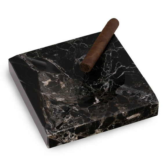 Square Black "Zebra" Marble Four Cigar Ashtray.