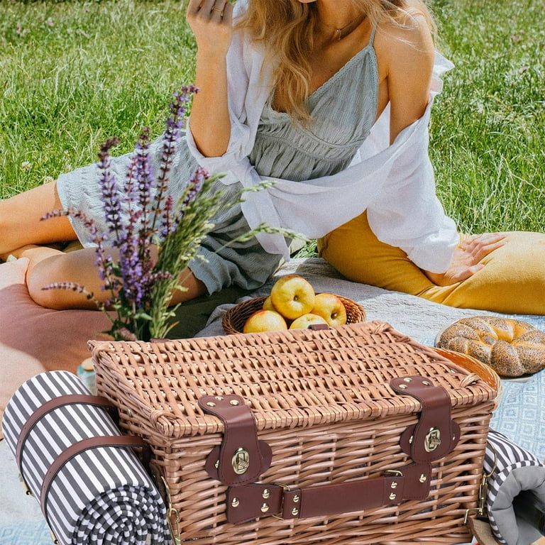 Wicker Picnic Basket Set for with Blanket and Picnic Table