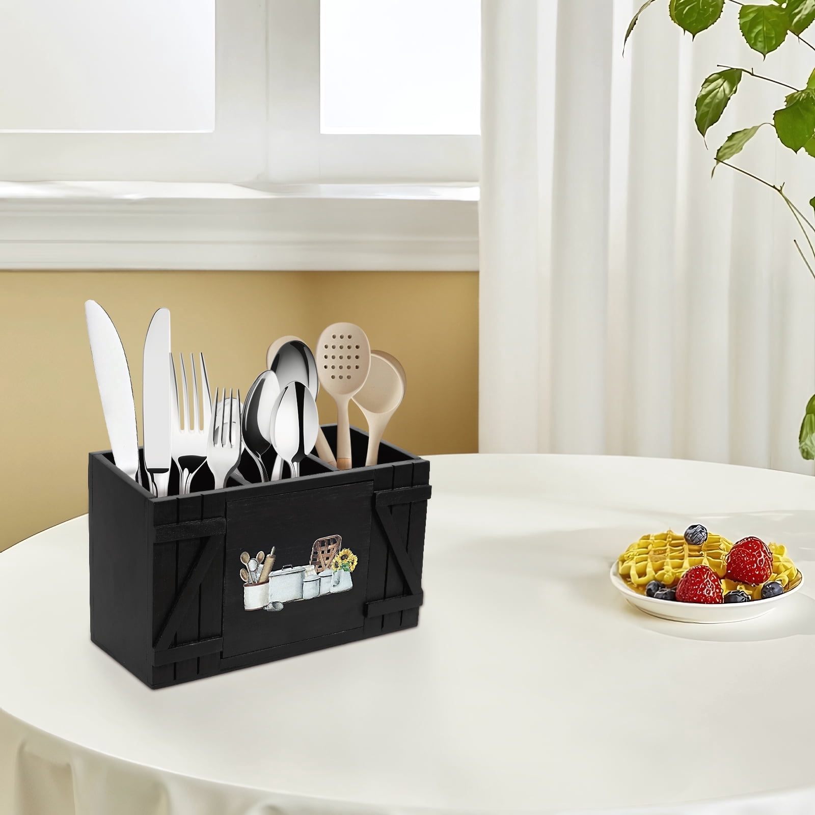 Tzdxfgl Wood Kitchen Utensil Holder for Countertop, Silverware Organizer with 3 Compartments, Large, Black Sunflower